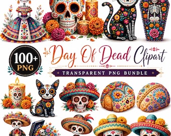 May include: A digital collection of Day of the Dead themed clipart featuring sugar skulls, skeletons in traditional attire, floral decorated cats and dogs, candles, and coffins. The text reads 100+ PNG Day Of The Dead Clipart Transparent PNG Bundle.