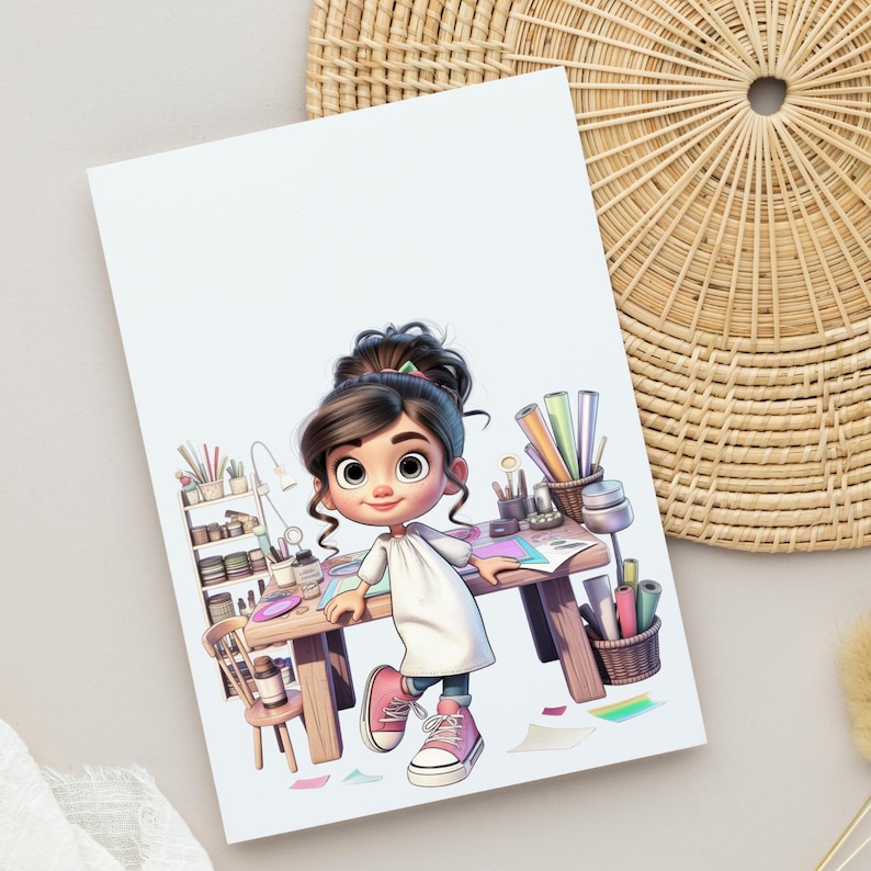 May include: A cartoon illustration of a character with dark hair in a bun, wearing a white dress and pink trainers, standing at a wooden craft table. The table is filled with art supplies, including brushes, paper rolls, and containers, with a shelf nearby.