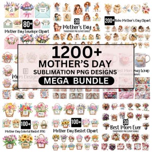 Mais de 1200 mega pacotes de PNG para o Dia das Mães, designs de clipart para mães, guirlanda de PNG para o Dia das Mães, feliz dia das mães, designs digitais de aquarela floral