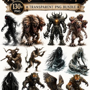May include: A digital collection titled Mythological Creatures Clipart featuring over 130 transparent PNG files. The images display various fantasy beings including a shadow figure, multi-headed beasts, armoured warriors, satyrs, and mermaids.