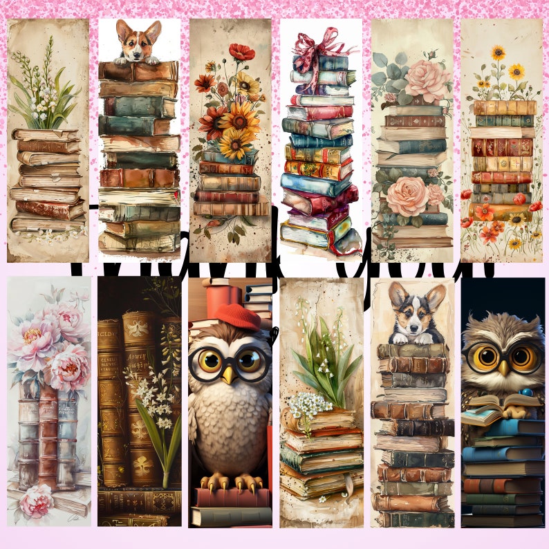 May include: A selection of watercolour bookmarks depicting stacks of books decorated with diverse elements. Designs include flowers, a corgi, and an owl wearing glasses. The bookmarks have a vintage aesthetic with a soft colour palette.