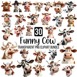 30 schattige en gekke koe clipart, grappige koe clipart png, schattige dieren clipart, grappige koe gezicht, commercieel gebruik, instant download