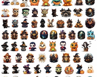 May include: A digital collection of 100 Spooky Halloween cartoon clipart images featuring various characters including pumpkins, ghosts, witches, black cats, owls, monsters, and haunted houses arranged in a grid with the text 100 Spooky Halloween.