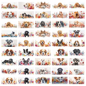 May include: A collection of watercolor paintings featuring various dog breeds surrounded by colorful flowers. Each painting depicts a different dog breed with a unique expression and pose.