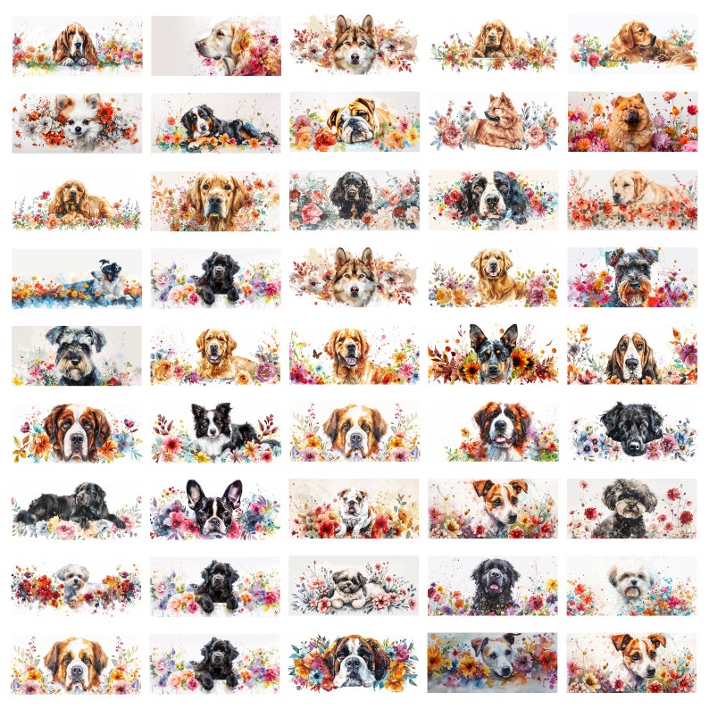 May include: A collection of watercolor paintings featuring various dog breeds surrounded by colorful flowers. Each painting depicts a different dog breed with a unique expression and pose.