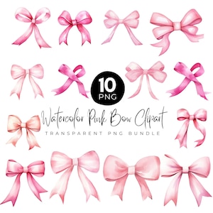 Può includere: Set di clipart di fiocchi rosa ad acquerello. L'immagine presenta dieci diversi fiocchi rosa in varie tonalità, dal rosa chiaro al fucsia vibrante. Il testo recita "Watercolor Pink Bow Clipart" e "Transparent PNG Bundle".