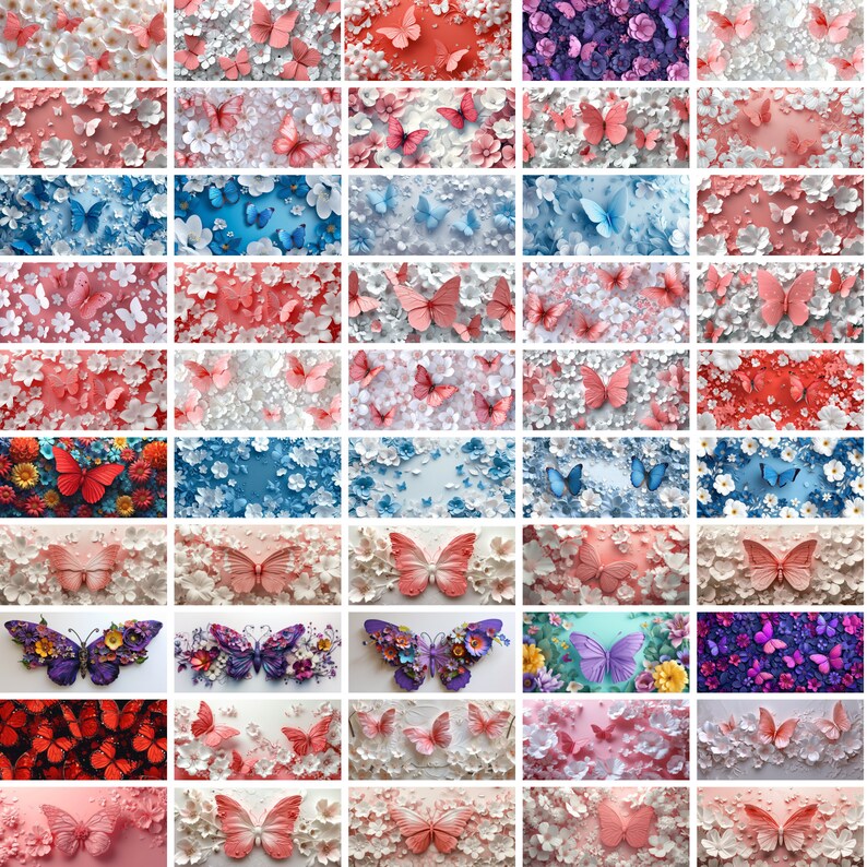 May include: A collage of 36 images featuring paper butterflies in various colors and patterns, including pink, blue, red, and white, set against a backdrop of white paper flowers.