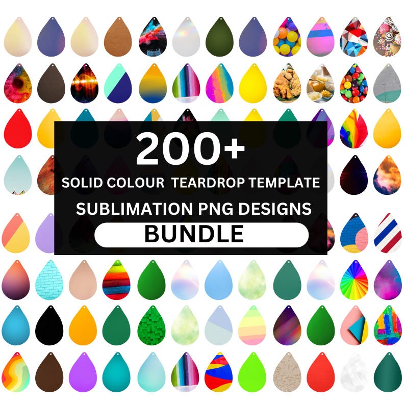 May include: A selection of over 200 teardrop-shaped sublimation PNG designs in diverse colours and patterns. The designs include solid colours, tie-dye, and abstract art. The image also contains the text "200+ SOLID COLOUR TEARDROP TEMPLATE SUBMLIMATION PNG DESIGNS BUNDLE."