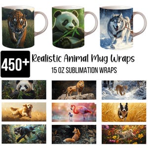 450+ realistische dierenmokomslagen, sublimatieontwerpen tijger, panda, wolf, leeuw en dieren in het wild, 15 oz mokomslag, png-bundel, digitale download
