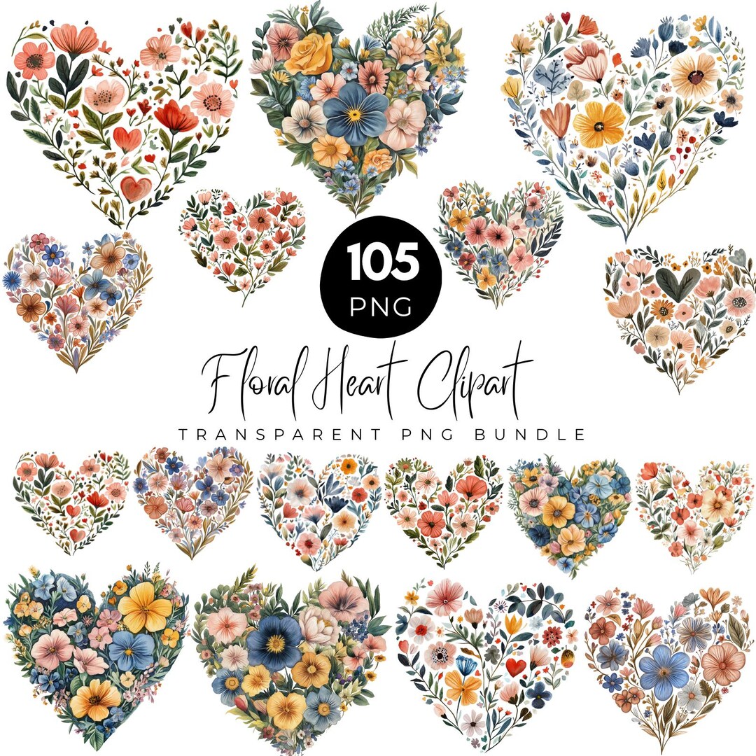 105 Floral Heart PNG Bundle, Watercolor Flower Heart Clipart, Botanical ...