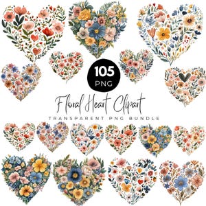 105 Floral Heart PNG Bundle, Watercolor Flower Heart Clipart, Botanical Love Elements, Transparent PNG, Png For Cards and Gifts