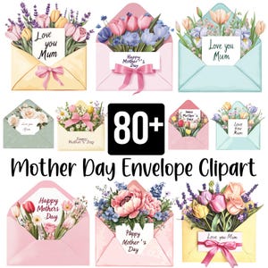 Más de 80 imágenes prediseñadas de sobres para el Día de la Madre, imágenes prediseñadas de sobres florales, imágenes prediseñadas de cartas de amor para mamá, paquete de sublimación "Feliz Día de la Madre", imágenes PNG de tarjetas, arte de sobres