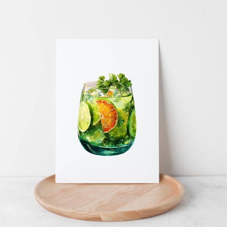 May include: A watercolour painting of a cocktail in a clear glass. The drink contains ice, lime and orange slices, and fresh herbs. The glass is set against a white background, and the painting is on a white rectangular surface.