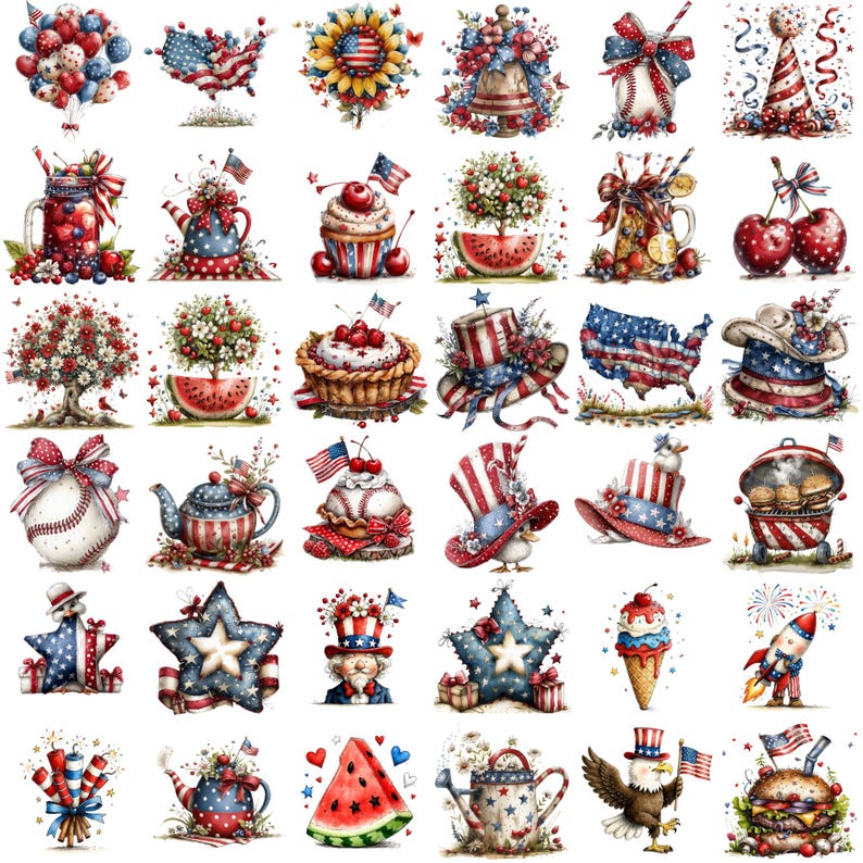 40 4th of July Clipart Png Bundle, Patriotic USA PNG, Watercolor ...