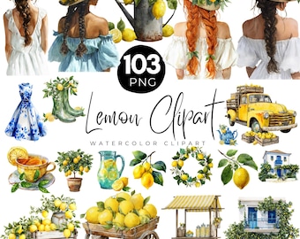 103 Cytryna Akwarela Clipart, Cytryna PNG Bundle, Akwarela Cytryna Dziewczyny PNG, Rustykalne Elementy Sztuki Kuchni, Akwarela Cytryna Wieniec