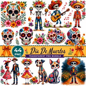Dia de Muertos PNG-Bundle, Aquarell-Cliparts zum Tag der Toten, Zuckerschädel-PNG, Catrina-Puppen-Illustration, Mexikanisches Skelett, Niedlicher Geist-PNG