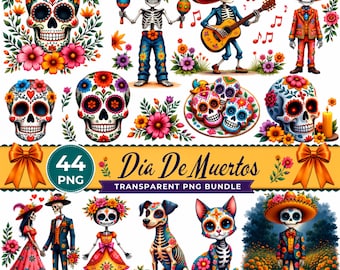 Dia De Muertos PNG Bundle, Watercolor Day of the Dead Clipart, Sugar Skull PNG, Catrina Doll Illustration, Mexican Skeleton, Cute Ghost PNG