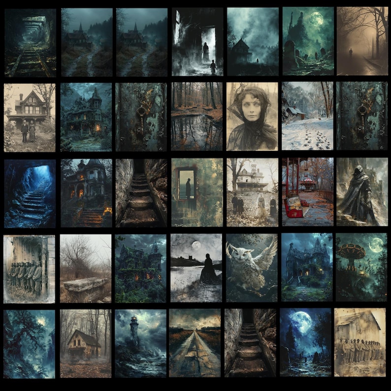 May include: A series of digital art prints with a gothic theme. The images feature haunted houses, eerie landscapes, and figures in shadowy settings. The colour palette is dominated by blues, greens, and greys, creating a mysterious atmosphere.
