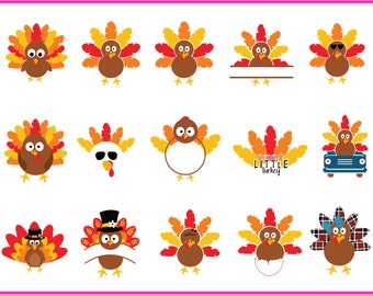 Op de afbeelding: Een set van 15 Thanksgiving-kalkoenontwerpen in verschillende poses en stijlen. De kalkoenen zijn geïllustreerd in een cartoon-stijl met een bruin lichaam, oranje en gele veren en rode keelzakken. Sommige kalkoenen dragen hoeden, zonnebrillen of zitten in een auto. De tekst "Ik ben een kleine kalkoen" is opgenomen in een van de ontwerpen.