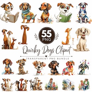 May include: A digital collection of 55 PNG files featuring watercolour-style illustrations of various dog breeds in different poses, including dogs reading books, wearing sweaters, and party hats, with the text 55 PNG Quirky Dogs Clipart.