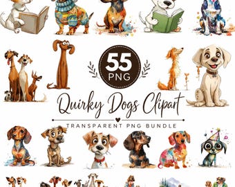 May include: A digital collection of 55 PNG files featuring watercolor-style illustrations of various dog breeds in different poses, including dogs reading books, wearing sweaters, and party hats, with the text 55 PNG Quirky Dogs Clipart.