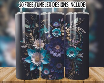 May include: Three stainless steel tumblers with a floral design. The design features blue, purple, and gold flowers on a dark background.