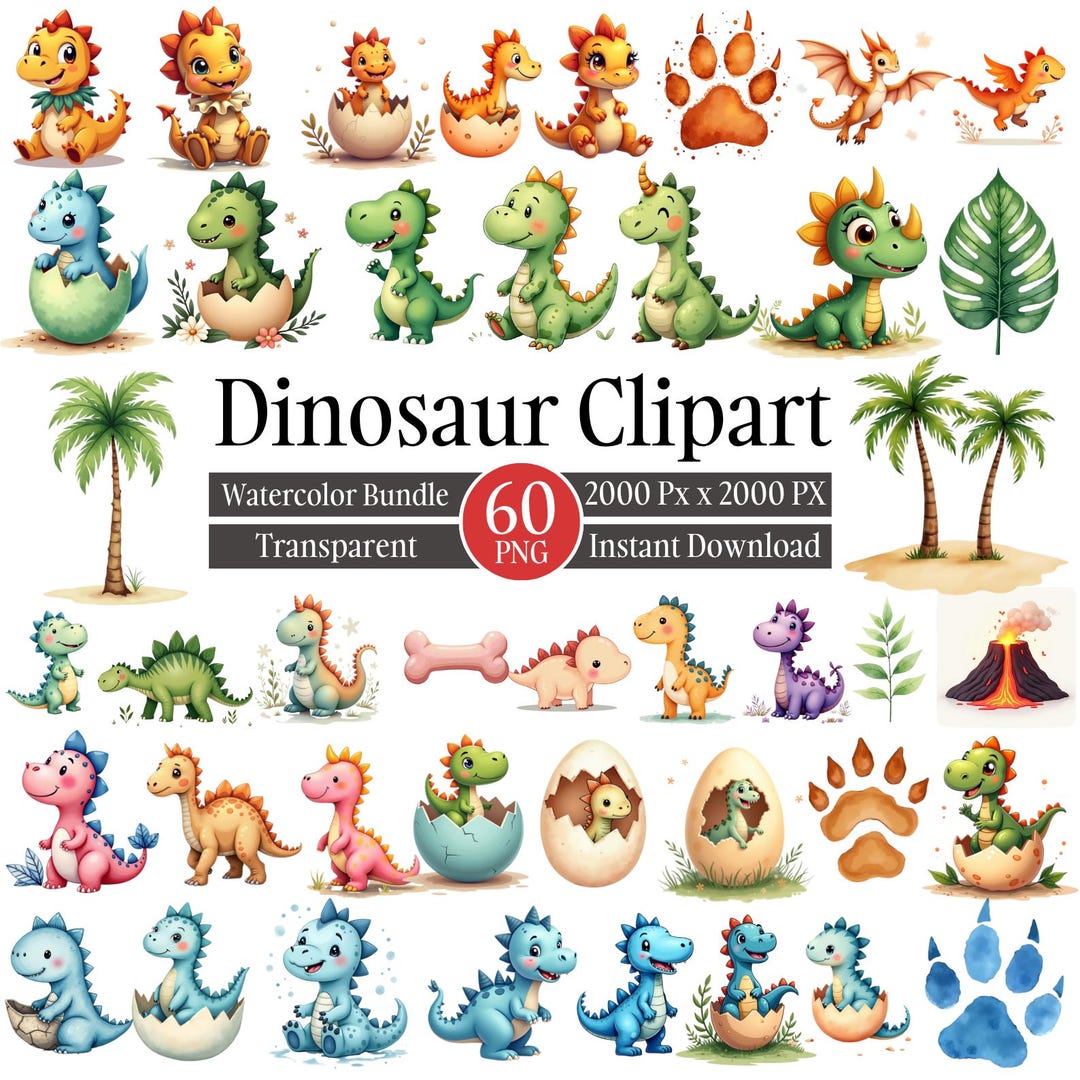 Watercolor Dinosaur Clipart Bundle, Cute Baby Dino PNG, Dino Egg ...