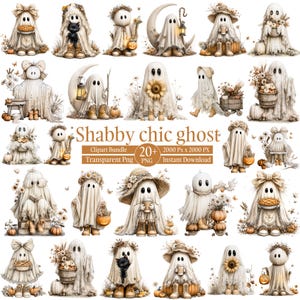 May include: A digital clipart bundle featuring over 20 illustrations of ghosts in neutral tones, wearing bows, hats, and holding pumpkins, flowers, or lanterns. The text reads: Shabby chic ghost, Clipart Bundle, 20+ PNG, 2000 Px x 2000 PX, Instant Download.