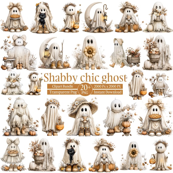 20+ Shabby Chic Ghost PNG Bundle, Neutral Cottagecore Ghost Clipart, Vintage Halloween PNG, Cozy Spooky Season Sublimation Designs Png