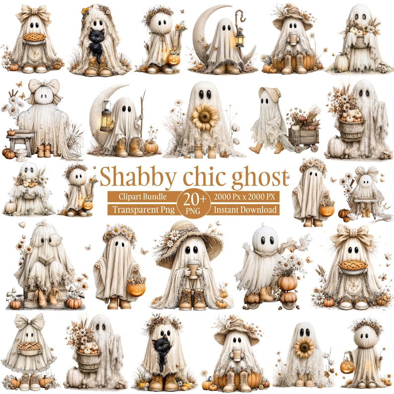 May include: A digital clipart bundle featuring over 20 illustrations of ghosts in neutral tones, wearing bows, hats, and holding pumpkins, flowers, or lanterns. The text reads: Shabby chic ghost, Clipart Bundle, 20+ PNG, 2000 Px x 2000 PX, Instant Download.