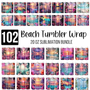 May include: A collection of 102 beach-themed 20 oz tumblers. Each tumbler features a vibrant sunset scene with palm trees, flowers, and ocean views. The tumblers are decorated with colorful floral and tropical designs.