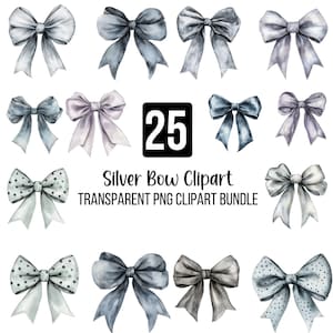 May include: A set of 25 watercolour illustrations of silver bows in various styles. The bows are in shades of grey, blue, and white, with some featuring polka dots. The text "Silver Bow Clipart" and "TRANSPARENT PNG CLIPART BUNDLE" is included in the image.