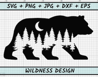 Bear SVG File, Bear Silhouette svg, Bear Woods Svg, Pine Trees svg Forest, Adventure svg, Moon Stars, Outdoors svg, Bear Wildlife svg dxf_S