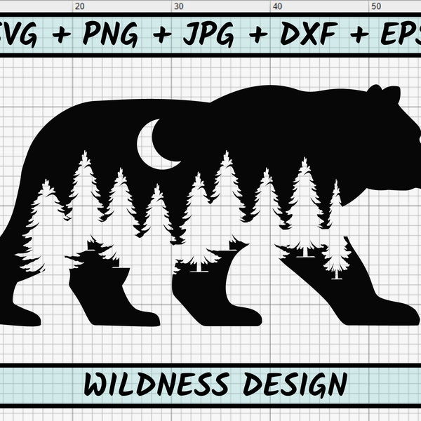 Bear SVG File, Bear Silhouette svg, Bear Woods Svg, Pine Trees svg Forest, Adventure svg, Moon Stars, Outdoors svg, Bear Wildlife svg dxf_S