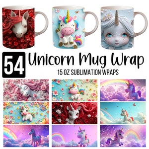 54 3D schattige eenhoorn mok wrap, 15oz sublimatie mok wrap bundel, 3D eenhoorn mok wrap, bloemen mok eenhoorn, instant digitale download, png
