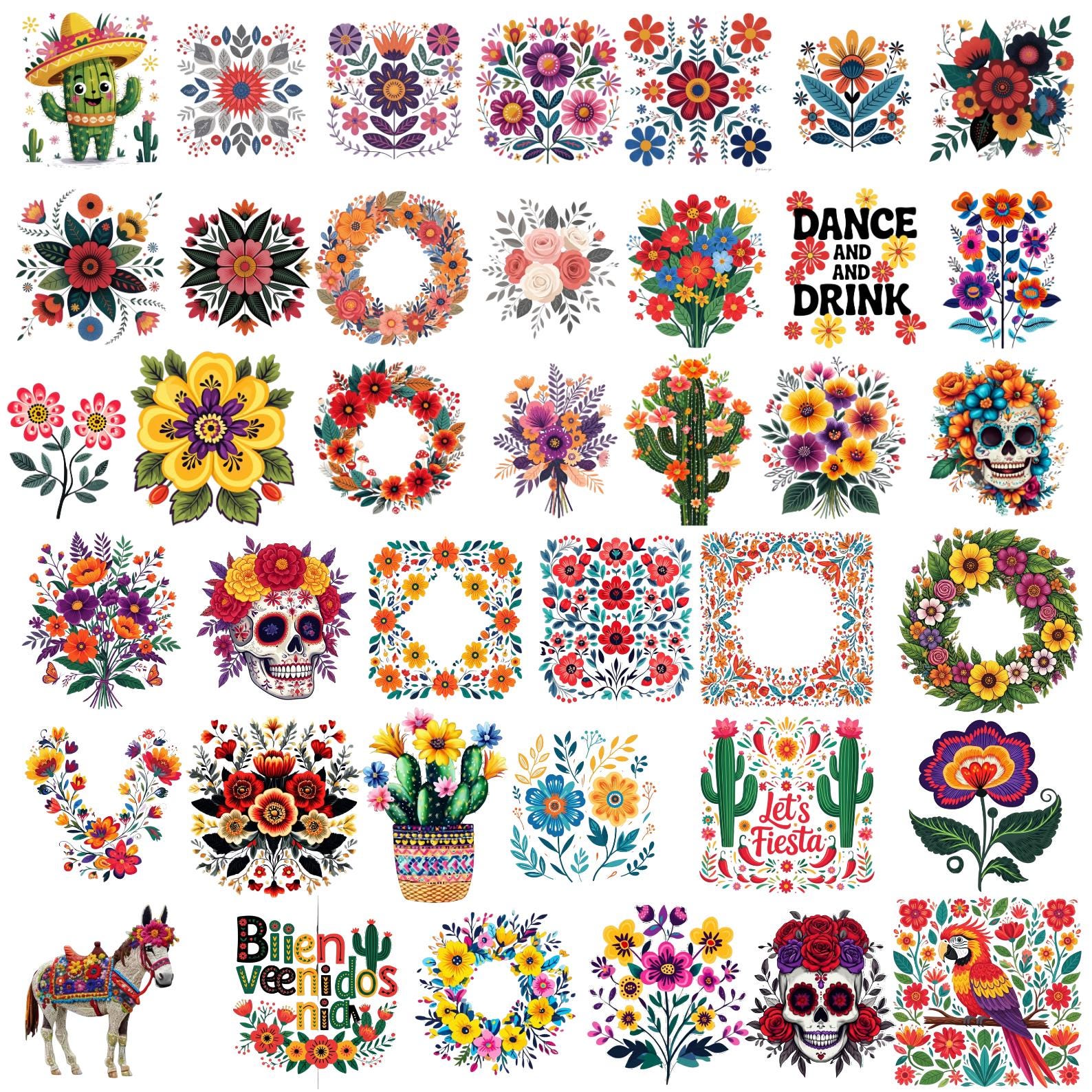 Mexican Floral Clipart Bundle, Fiesta Flowers PNG, Sugar Skull Clipart ...