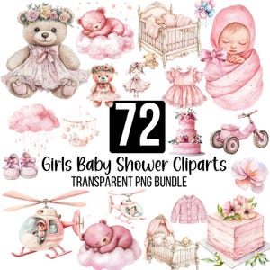 72 Mädchen Baby Shower PNG Clipart Bundle, rosa Aquarell Teddybär, Krippe, Kuchen & Zyklus PNG, Geburtstag Grafiken, Kinderzimmer Clipart Baby Mädchen