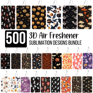 May include: A set of 500 Halloween-themed 3D air freshener sublimation designs. The designs feature various spooky and festive elements, including pumpkins, bats, ghosts, and skulls. The designs are perfect for creating unique and personalized air fresheners.