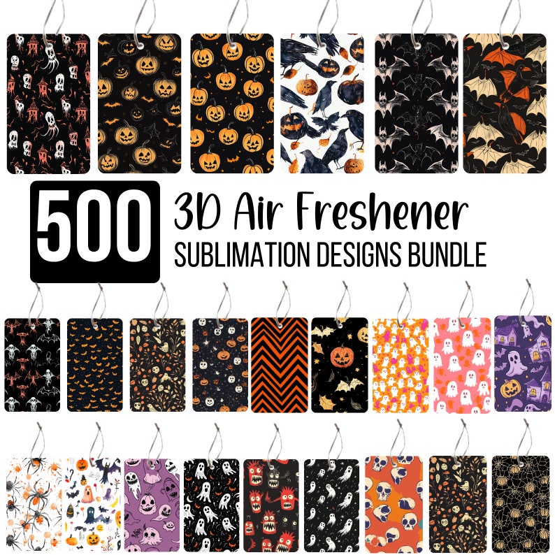 Pode incluir: Um conjunto de 500 designs de sublima&ccedil;&atilde;o para aromatizadores de ar 3D com tema de Halloween. Os designs apresentam v&aacute;rios elementos assustadores e festivos, incluindo ab&oacute;boras, morcegos, fantasmas e caveiras. Os designs s&atilde;o perfeitos para criar aromatizadores de ar &uacute;nicos e personalizados.
