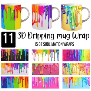 3D Rainbow Dripping Paint Mug Wrap Bunlde, 15oz Dripping Mug Png, Design per sublimazione di tazze 3D, Dripping Paint Mug, Rainbow Mug Wrap png