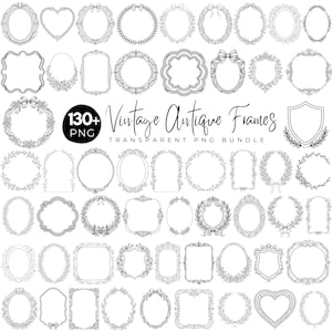 May include: A collection of black and white line art frames in various shapes including ovals, hearts, shields, and rectangles with floral, leaf, and ribbon details. The text 130+ PNG Vintage Antique Frames Transparent PNG Bundle is centered.