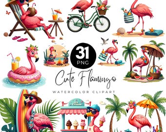 31 Flamingo Clipart PNG Bundle, Tropical Watercolor And Cartoon Flamingos, Summer Beach & Tropical Paradise, T-Shirt Design, Cute Flamingo