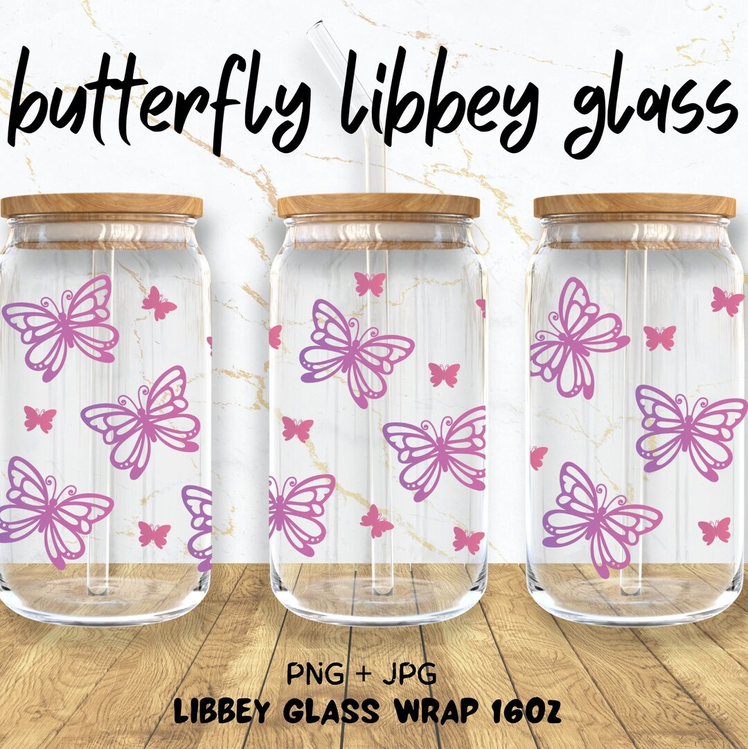 16oz Butterfly Libbey Glass Can Png, Glass Can Full Wrap Png ...