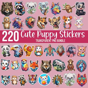 May include: A collection of 220 colorful animal stickers in a transparent PNG bundle. The stickers feature various animals, including a bear, raccoon, koala, wolf, panda, eagle, lion, and more. The text "Cute Puppy Stickers" is displayed prominently.