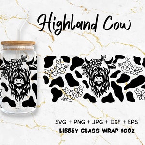 Cute Baby Highland Cow Libbey Glass SVG, 16oz Floral Cow Libbey Glass Wrap, Animal Print Svg, Baby Cow Glass, 16oz Libbey Glass, Digital