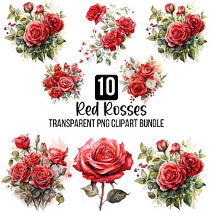 10 rote Rosen Clipart, transparente rote Rosen, Aquarell rote Rose Boutique Clipart, Hochzeitseinladung, vorgefertigte Rahmen, digitaler Download