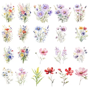 May include: A collection of 20 watercolor illustrations of various flowers, including pink, purple, blue, red, and yellow flowers. The flowers are arranged in bouquets and single stems.