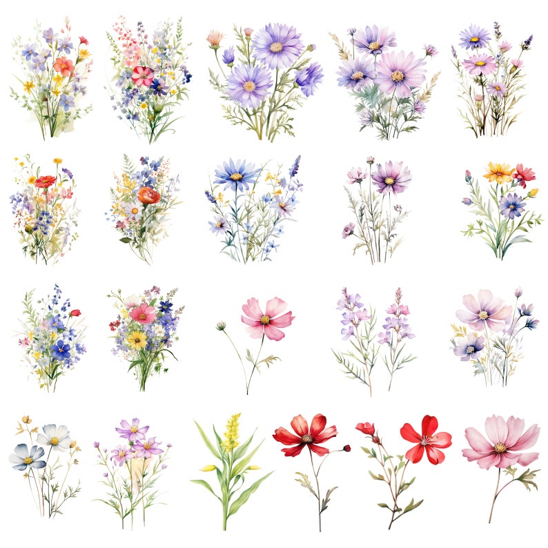 May include: A collection of 20 watercolor illustrations of various flowers, including pink, purple, blue, red, and yellow flowers. The flowers are arranged in bouquets and single stems.