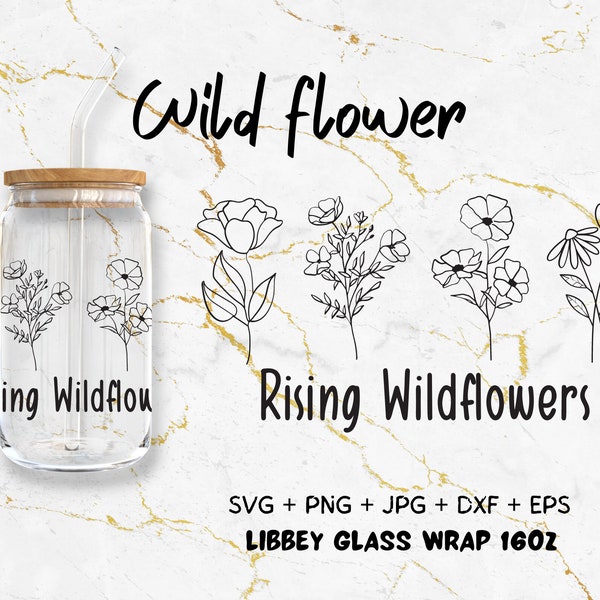 Rising wildflower Libbey Glass svg, 16oz Wild Flower Stems Svg, Cameo, Botanical Clipart Svg, Glassware Svg Floral line art Can Glass svg