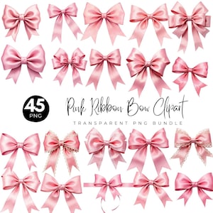 May include: A selection of 45 pink ribbon bows in diverse designs. The bows, crafted from satin, vary in shape and size. The image includes the text "Pink Ribbon Bow Clipart" and "Transparent PNG Bundle".